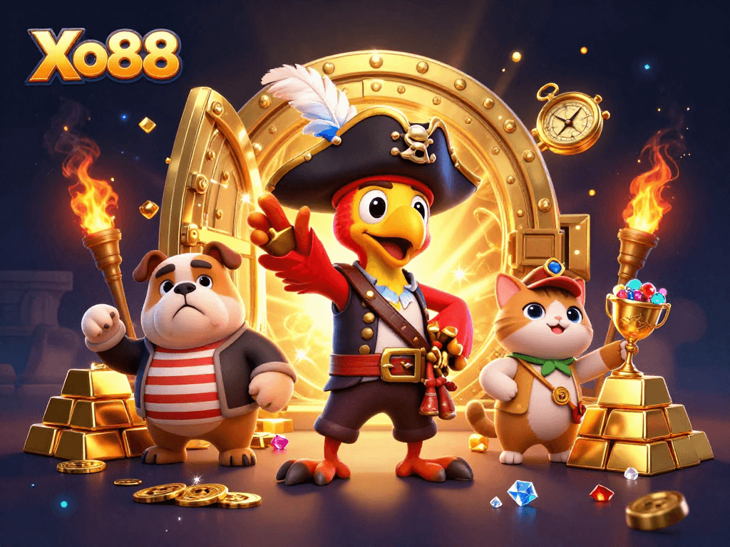 Xo88 introduces an engaging scene with a pirate captain, dog first-mate, and cat navigator amidst treasure, promising thrilling gaming adventures.