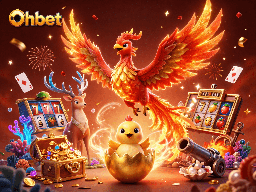 Play slot games at Oxbet and witness a fiery phoenix with magnificent child among vibrant casino elements.