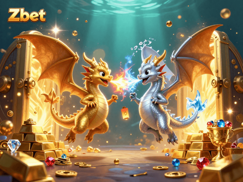 Zbet casino illustration featuring gold and silver dragons with gems and gold bars for immersive gambling experience.