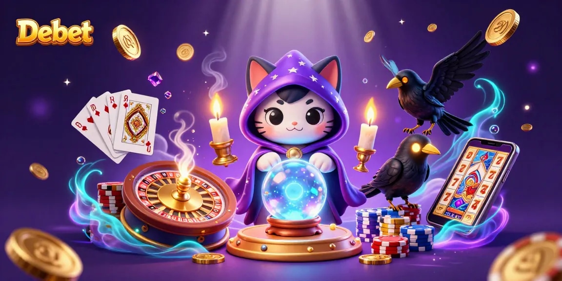 Experience the magical world of Debet with a dynamic casino scene filled with fortune tellers and vibrant games.