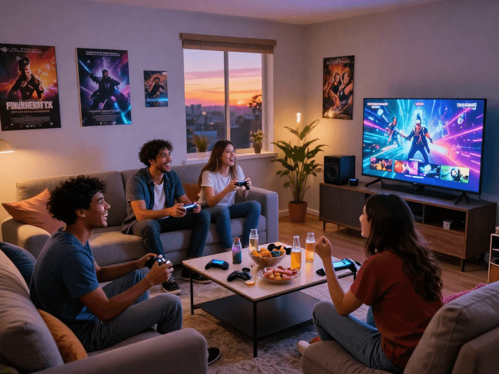 Friends enjoying porngames in a cozy living room during sunset.