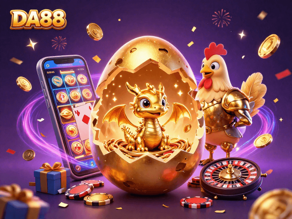 Catch winning spins at DA88 as a golden baby dragon emerges from a cracking egg amidst vibrant casino elements.