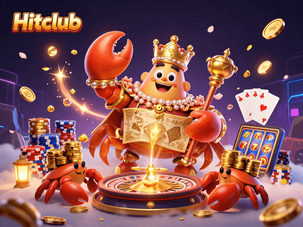 Experience the treasures of Hitclub with a golden crab emperor and dynamic casino elements in a vibrant scene.