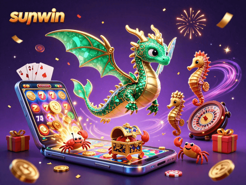 Experience sunwin's magical gaming world with a vibrant sea dragon, treasure chest, and slot games.
