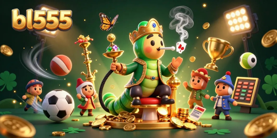 Experience vibrant gaming with the bl555 brand, featuring a whimsical caterpillar and sports elements in this detailed 3D illustration.