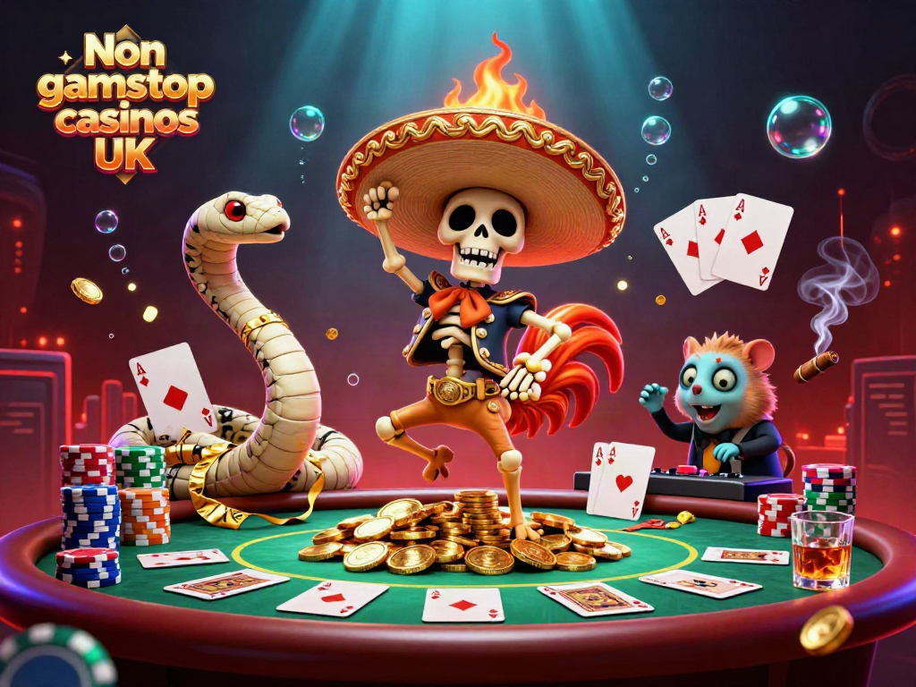 Experience excitement at Non gamstop casinos UK with colorful 3D characters celebrating on poker chips.