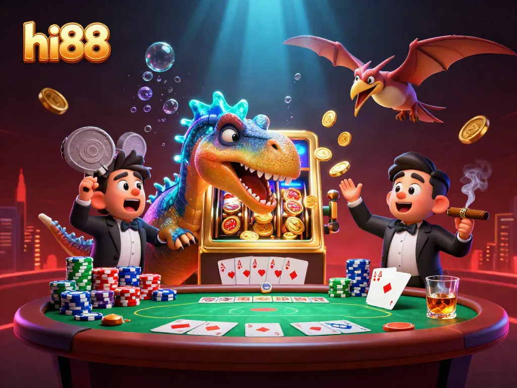 hi88 slot machine jackpot scene with cartoon dinosaurs in a vibrant casino atmosphere