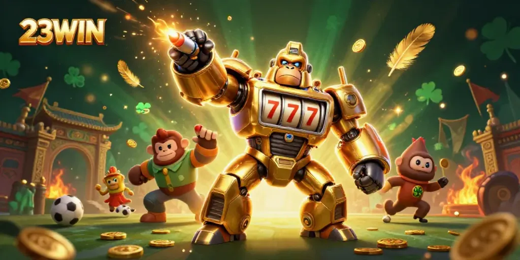 Experience the thrill of betting with 23WIN's dynamic gorilla mech and explosive casino elements.