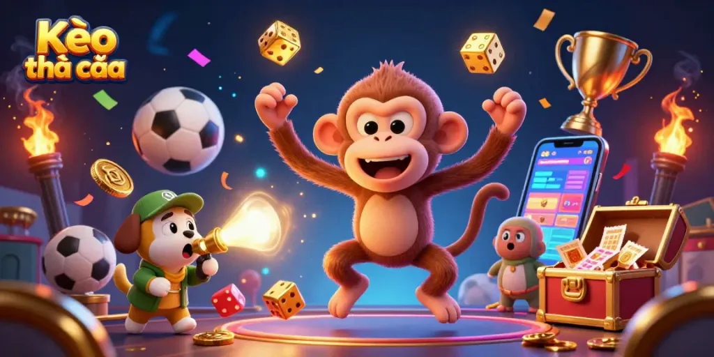 Kèo nhà cái showcases a mischievous poltergeist monkey juggling golden betting items in a vibrant sports betting scene.