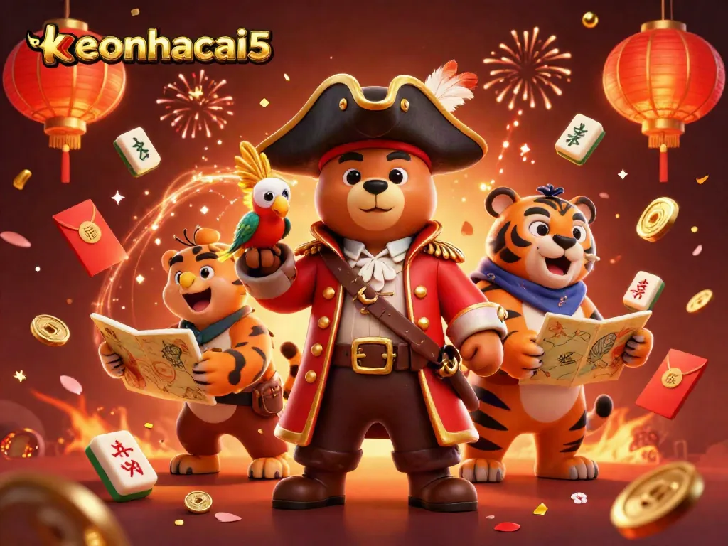 Engage with keonhacai5 and unwind in a vibrant 3D casino scene filled with festive gambling symbols.