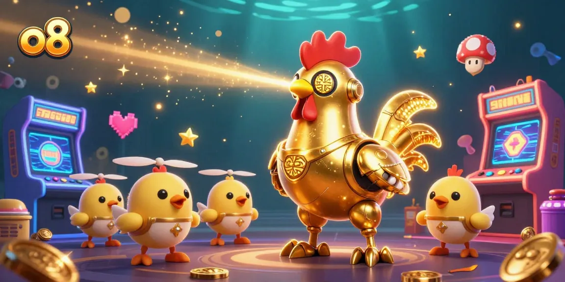 o8 features a golden robot fending off game challenges with laser beams amidst vibrant casino elements.