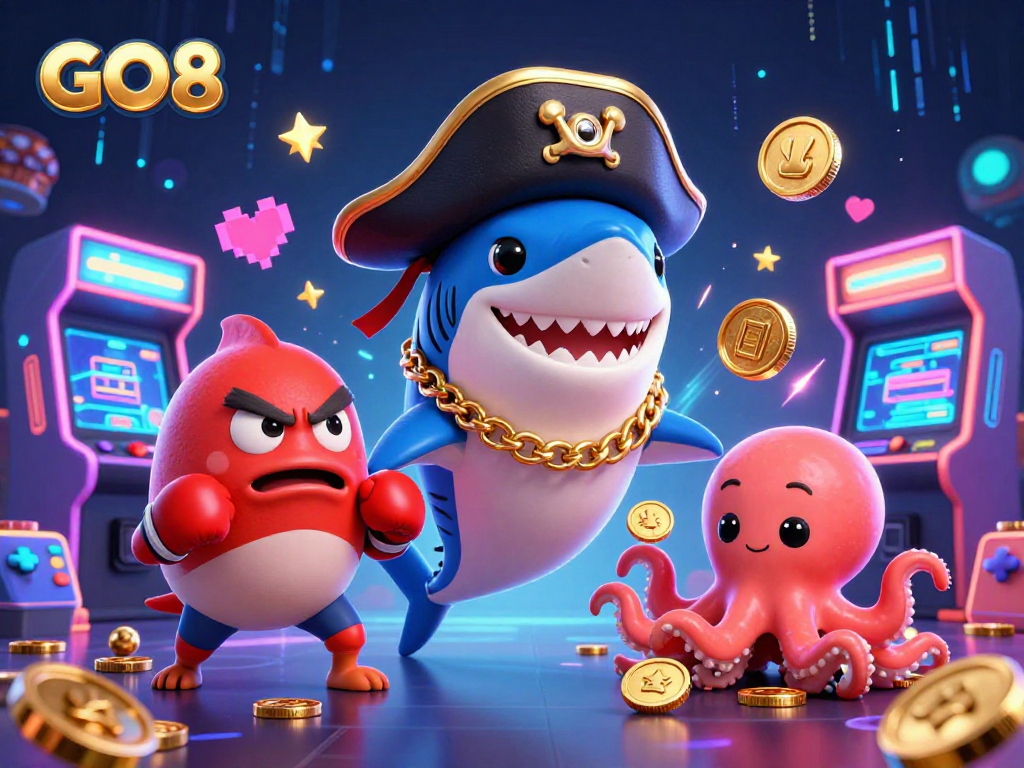 Win big with GO8 as a pirate shark, a pufferfish sidekick, and an octopus baby celebrate in a lively casino!
