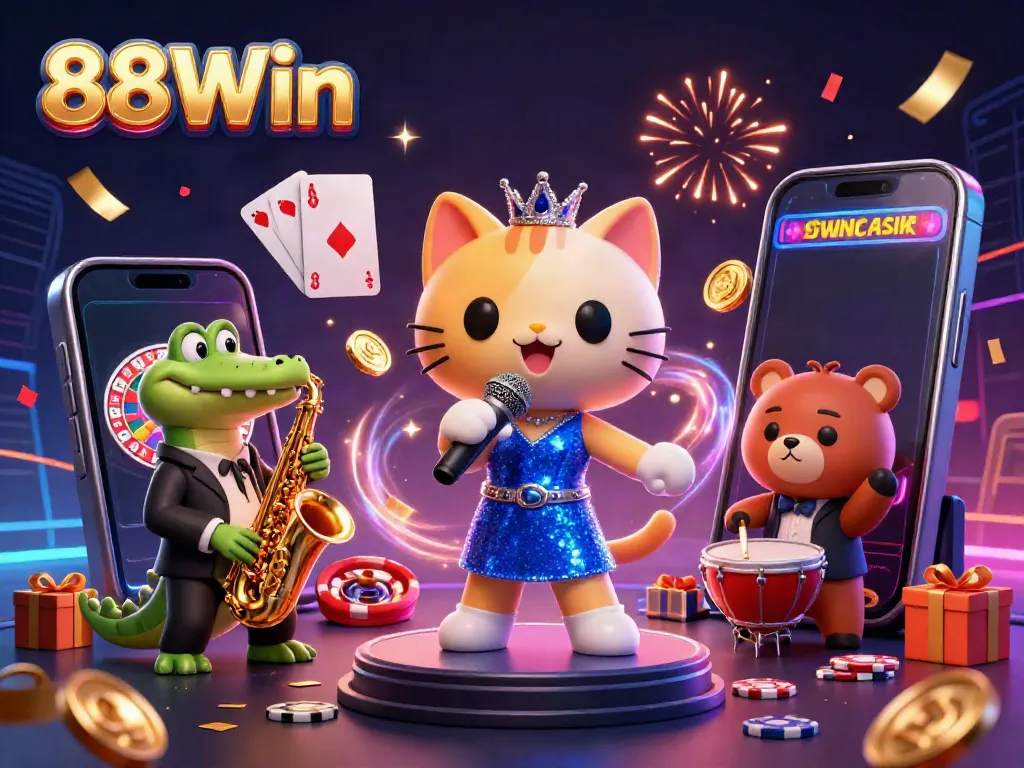 Experience the thrill of 88Win with vibrant characters celebrating on stage amidst casino games.