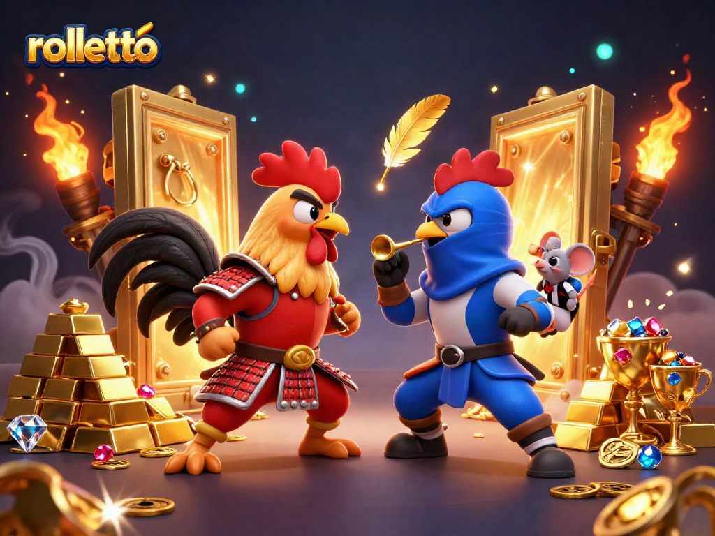 Experience rolletto's thrilling action as fighting roosters clash in this vibrant casino scene.