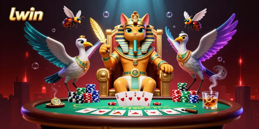 Experience the thrill of gaming at llwin with an Egyptian pharaoh cat, poker chips, and vibrant casino elements.