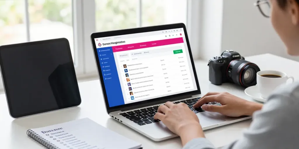 Domain registration UK process in a vibrant digital workspace, showcasing a laptop displaying domain search results.