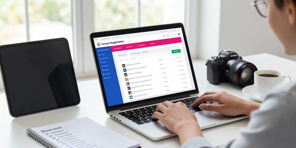 Domain registration UK process in a vibrant digital workspace, showcasing a laptop displaying domain search results.