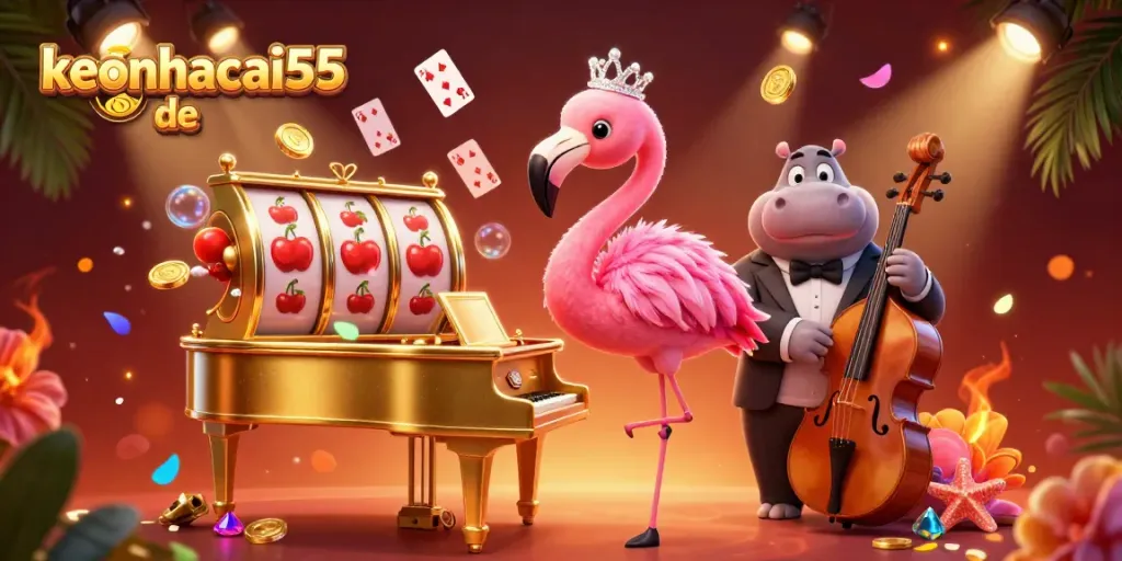 Experience vibrant action with keonhacai55 de's casino-themed celebration featuring a singing flamingo and a bassist hippo.