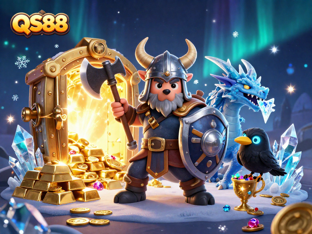 Engage in thrilling adventures with QS88 as Viking warrior, fierce dragon, and treasure in a vibrant casino scene.