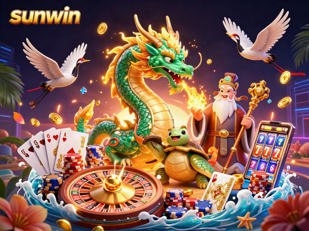 Experience thrill with sunwin; illustrative scene of a jade dragon and lucky cranes, celebrating casino excitement.
