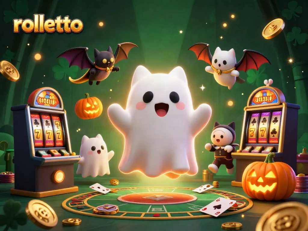 Experience exciting games at rolletto with a vibrant 3D scene featuring a ghost cat and more.