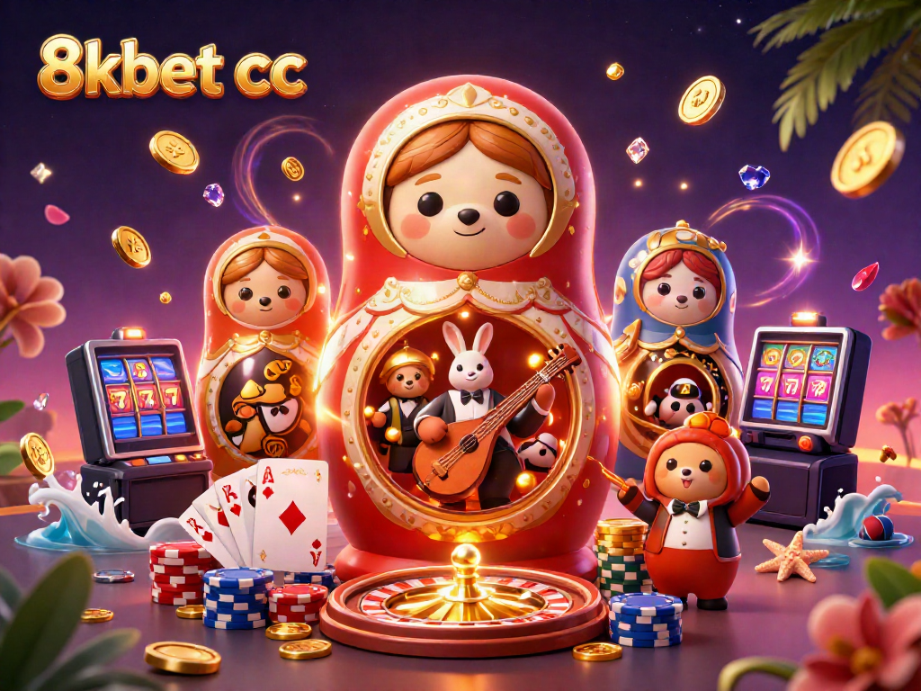 Ignite your gaming spirit at 8xbet cc with a dynamic casino scene featuring colorful characters and iconic game elements.