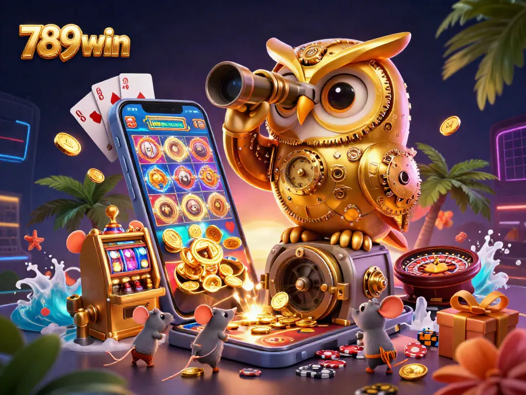 Join the excitement at 789win with a stunning 3D casino scene featuring a golden owl and vibrant slot games.