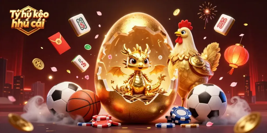 Tỷ lệ kèo nhà cái visualizes sports betting with a golden dragon and poker chips in a vibrant casino scene.
