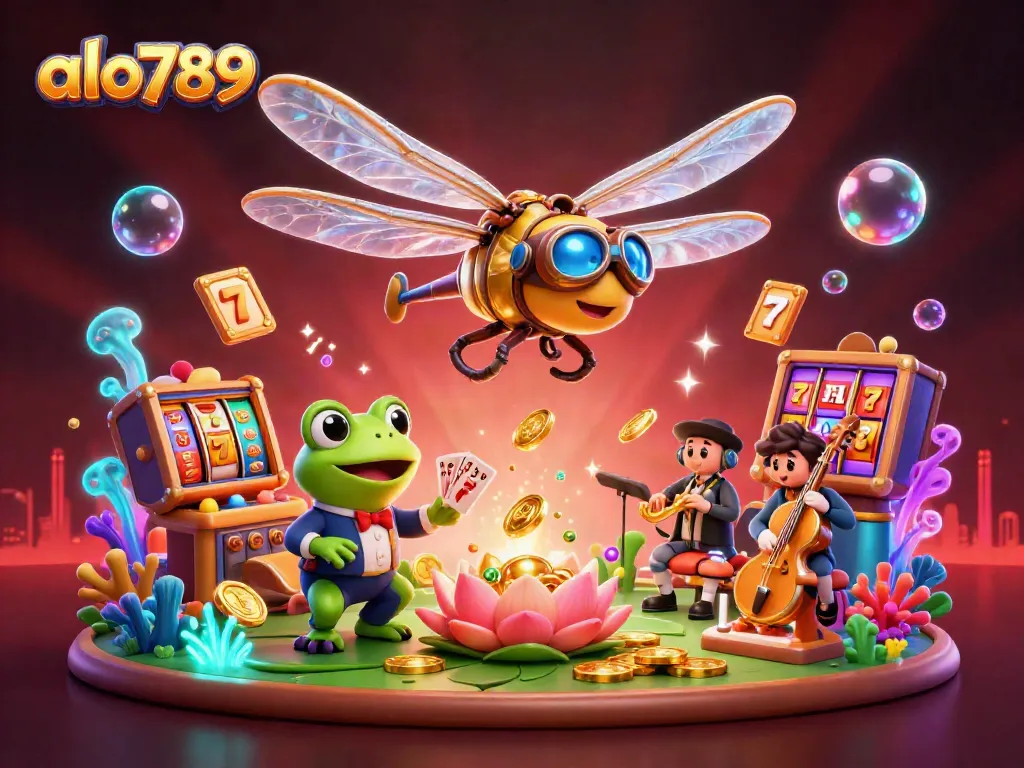 Alo789 features a lively scene with dragonfly pilot and frog croupier, enhancing online gambling excitement.
