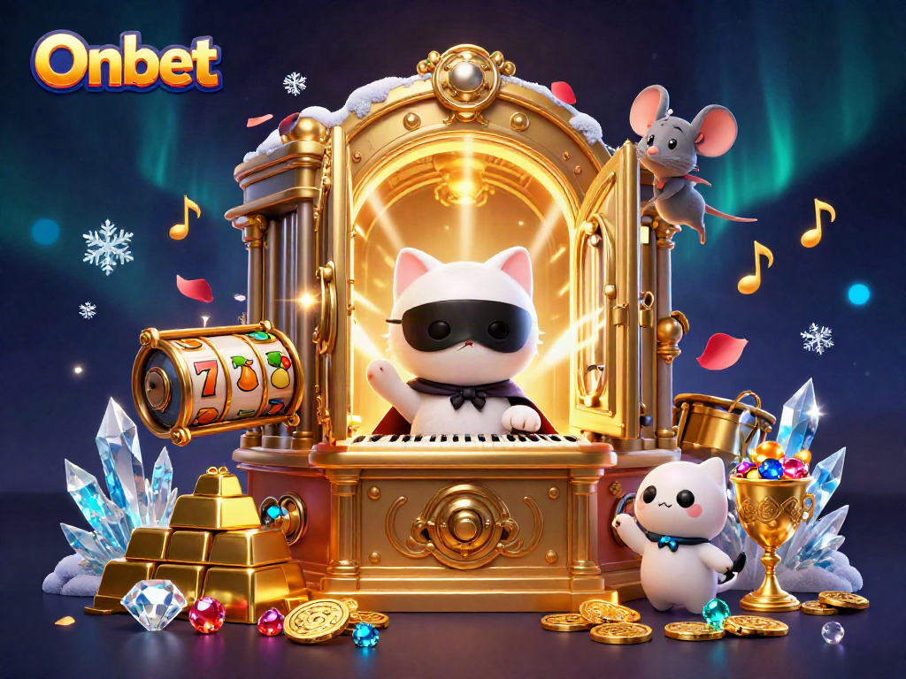 Onbet slots inspired art featuring casino elements, phantom cat, and mouse acrobat.