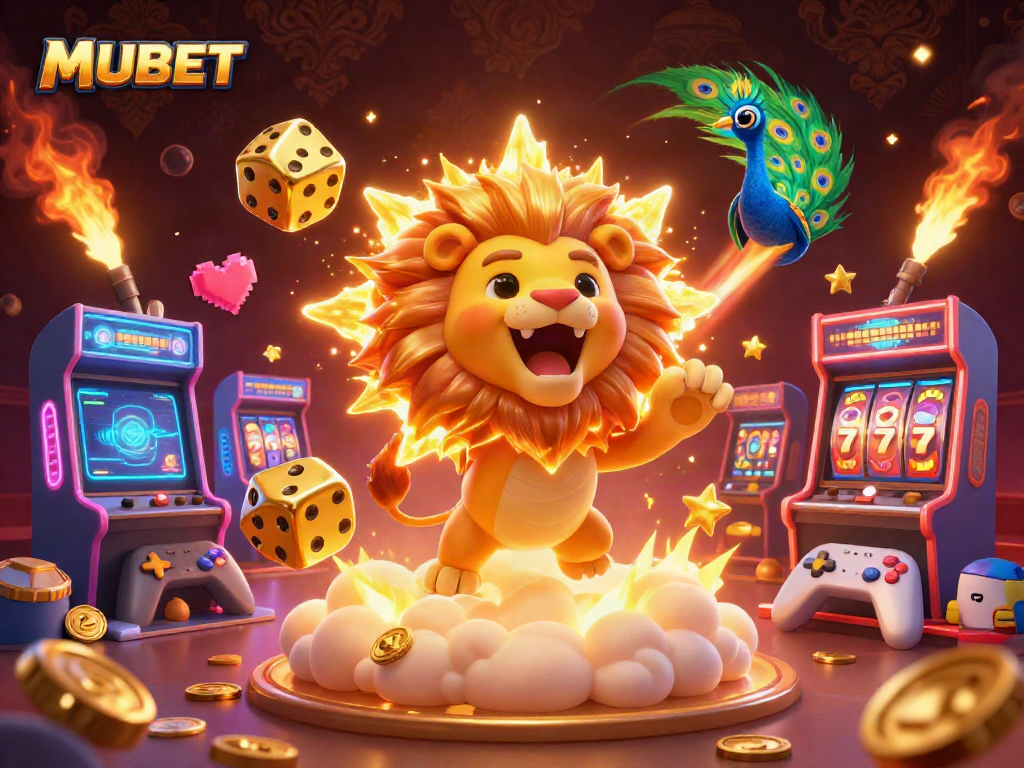 MUBET brings excitement to life with a roaring lion amidst colorful gaming elements and dynamic casino visuals.