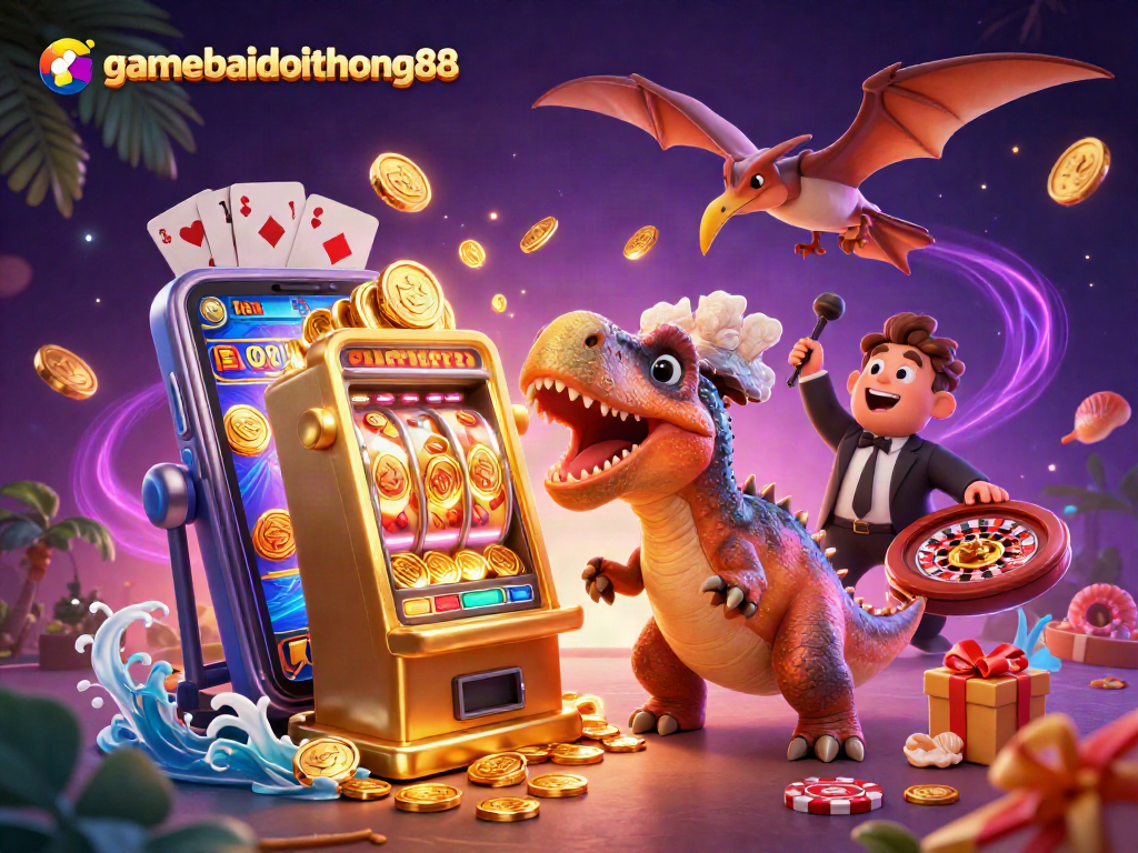gamebaidoithuong88 features a lively casino scene with cartoon dinosaurs and vibrant slot action.
