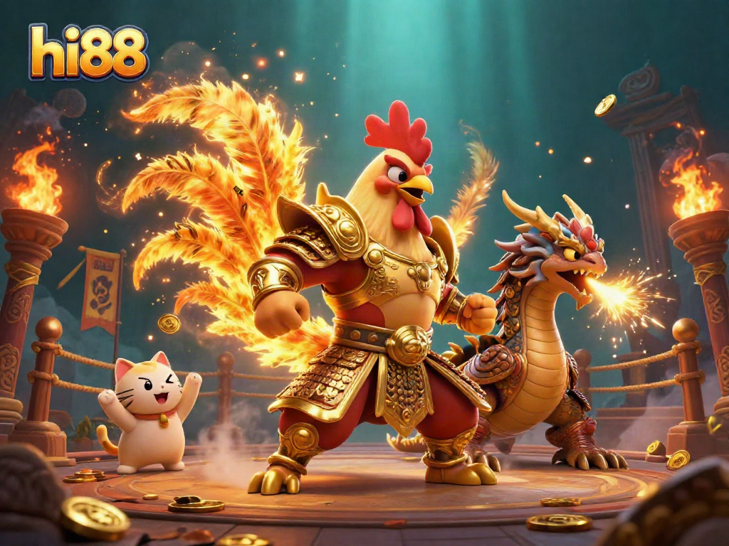 Experience the excitement of hi88 with a spectacular 3D illustration of a rooster warrior and dragon hatchling!