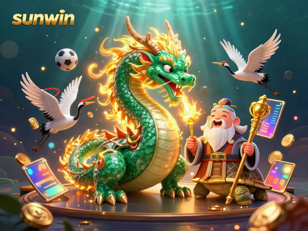 Experience thrilling gameplay at sunwin with a vibrant 3D illustration featuring a dragon, turtle sage, and lucky cranes dynamically interacting with jackpot elements.