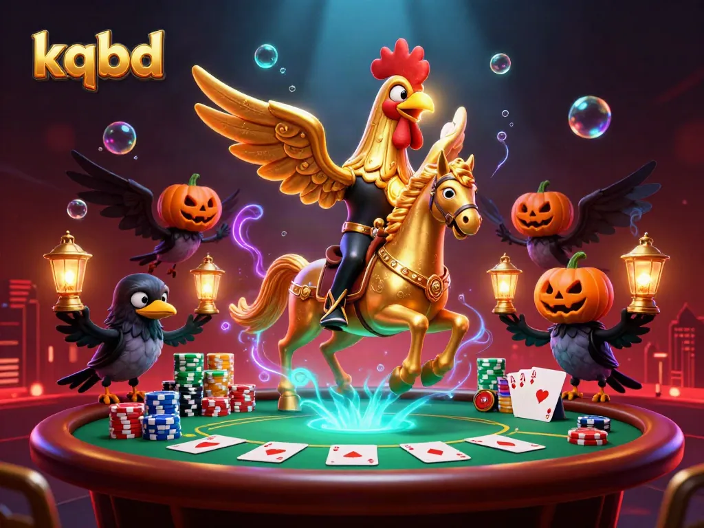 Experience kqbd's thrilling online betting ambiance with a golden rooster riding through a vibrant casino scene.