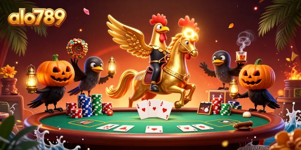 alo789 lures players into a vibrant casino scene featuring a golden rooster riding a spectral horse.