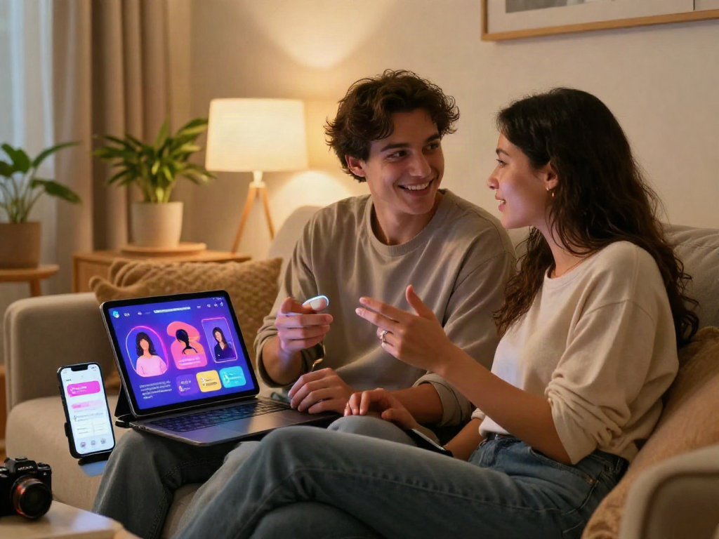 Couple engaging with AI sex technology in a cozy setting, demonstrating interactive apps for relationship enhancement.