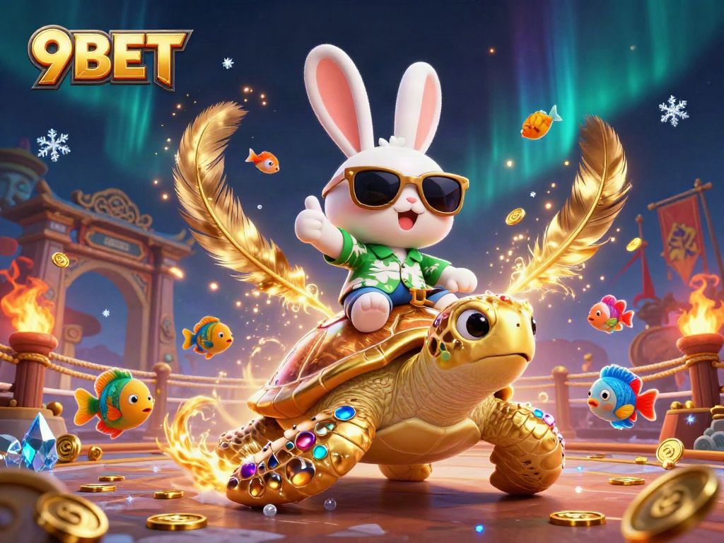 Experience the excitement of 9BET with a thrilling casino illustration of a lucky rabbit and golden turtle.