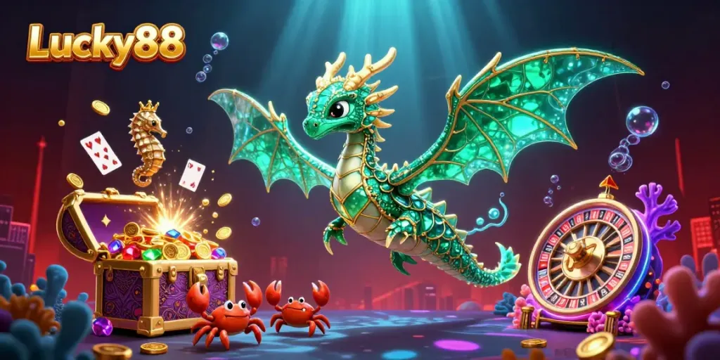 Experience the thrilling world of Lucky88 with vibrant underwater casino elements and dynamic character interactions.