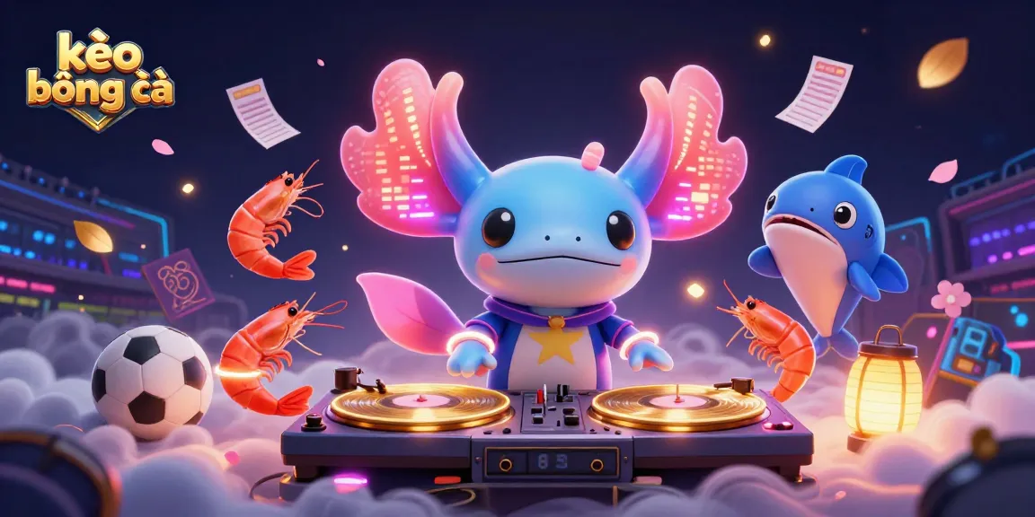 Experience thrilling kèo bóng đá action with a vibrant neon DJ axolotl in a dynamic sports betting scene.