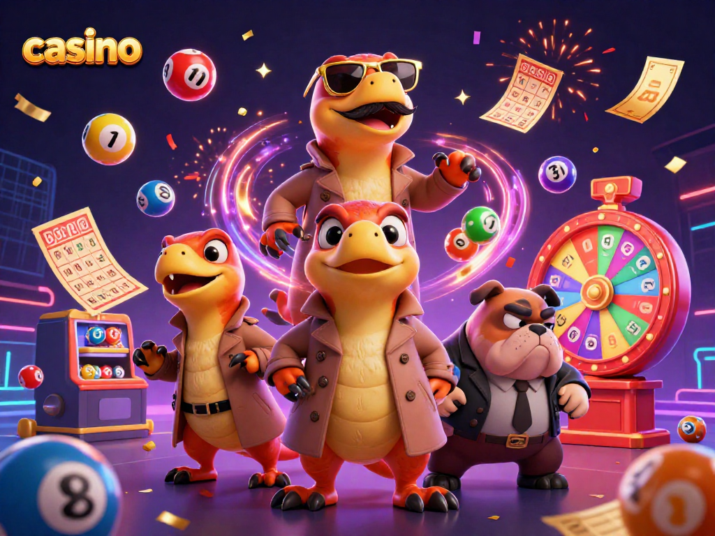 Cartoon raptors entering a VIP casino lounge, vibrant lottery elements swirling around, fun illustration.