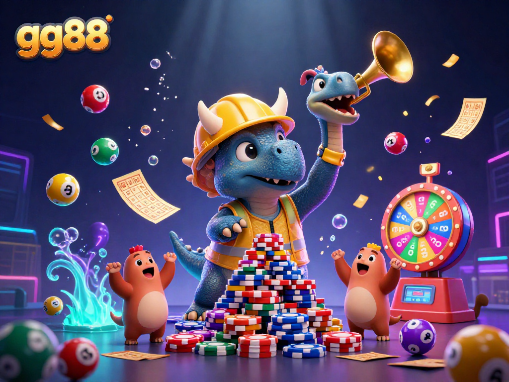 Experience the excitement of gg88 as a triceratops builds poker chip towers amidst vibrant gaming elements like lottery balls and confetti.