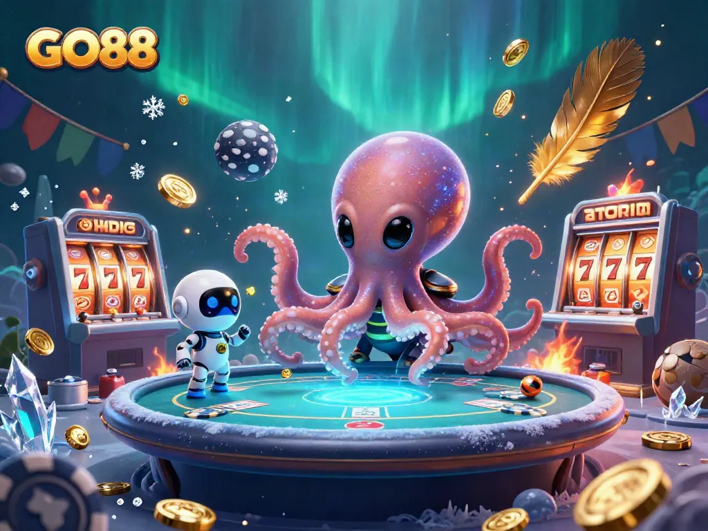 Engage in thrilling gameplay with GO88 at a holographic poker table held by an alien octopus.
