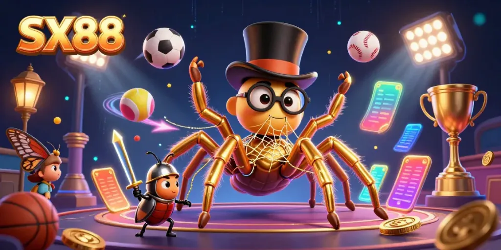 Win big with SX88 as a golden tarantula weaves a casino web surrounded by lively sports elements.