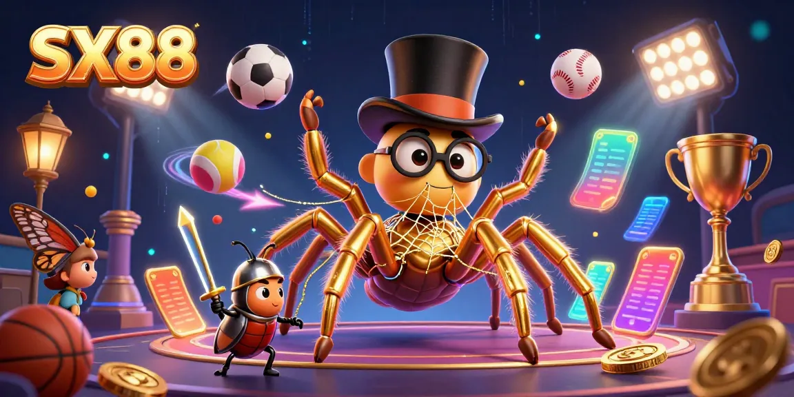 Win big with SX88 as a golden tarantula weaves a casino web surrounded by lively sports elements.