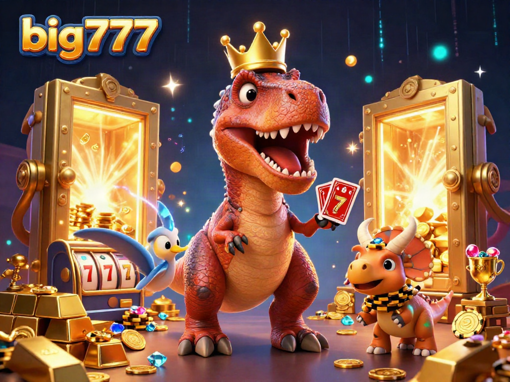 Experience the thrill of big777 gaming with a T-Rex shuffling cards alongside dynamic casino elements.