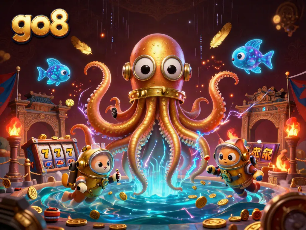 Join the go8 gaming adventure with a vibrant casino scene featuring a kraken and slots.