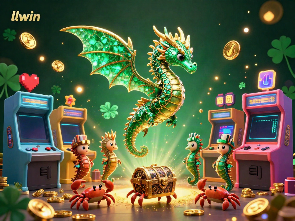 Experience the thrilling world of llwin with a vibrant 3D scene depicting a majestic emerald sea dragon, arcade gaming elements, and shimmering treasures.