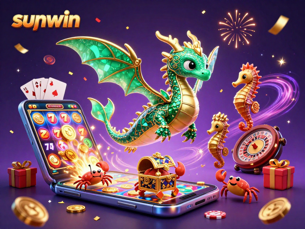 Experience sunwin's magical gaming world with a vibrant sea dragon, treasure chest, and slot games.
