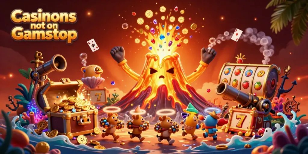 Engage with Casinos not on Gamstop featuring a triumphant volcano, coins, and vibrant casino elements.